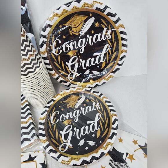 Grad Party Black & Gold Graduation Party Plates Cups Napkins Tablecloth Hangers - Picture 5 of 6